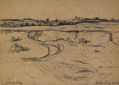 Konrad Sommer: Kiesgrube Feldgeding, Mai 1949,  Kohle auf Papier, 20,1 x 26,7 cm 
